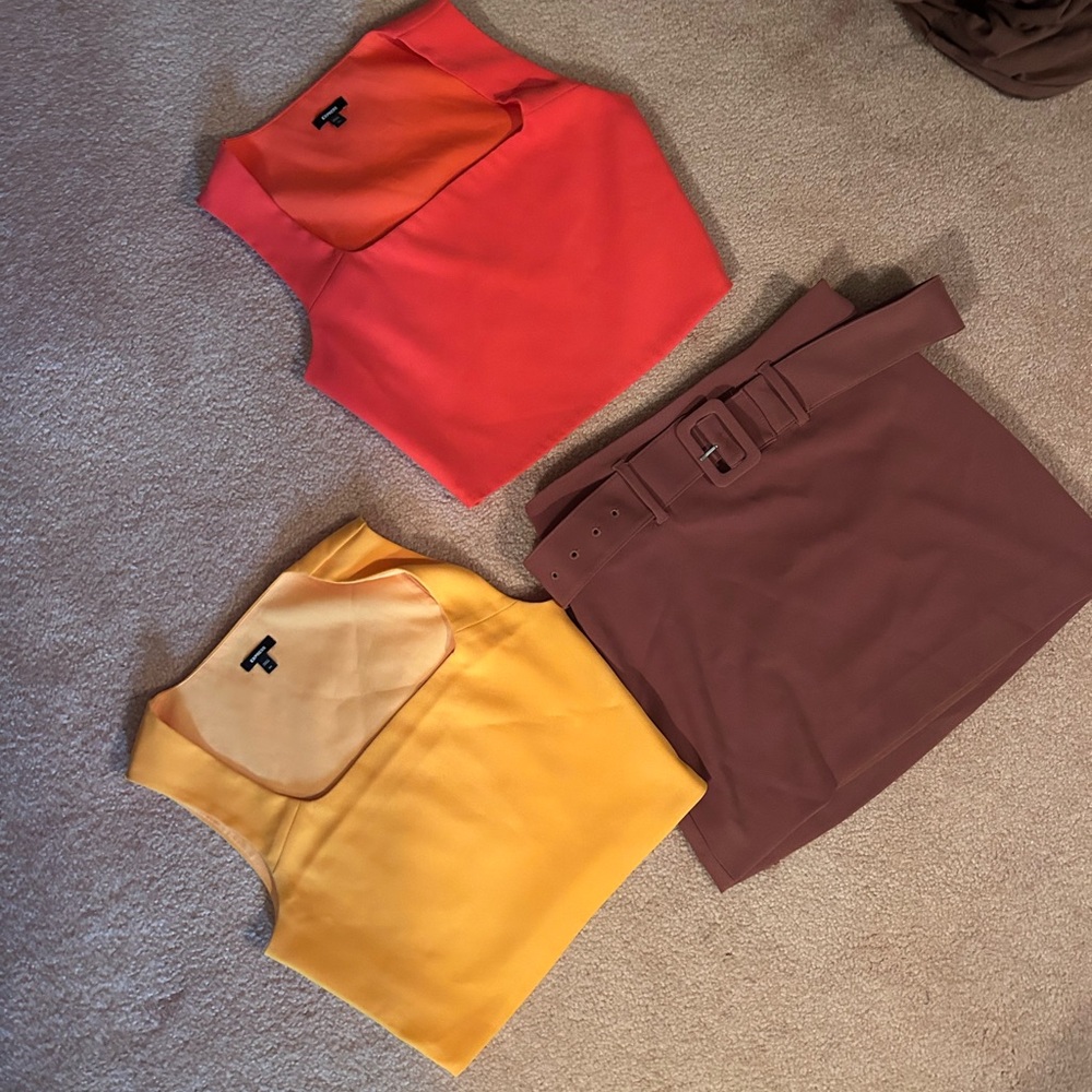Express skirt, brown size XS, and two crop tops XS